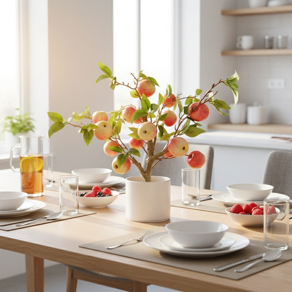 High-quality artificial apple tree potted plant for home decoration, artificial greenery in a pot.