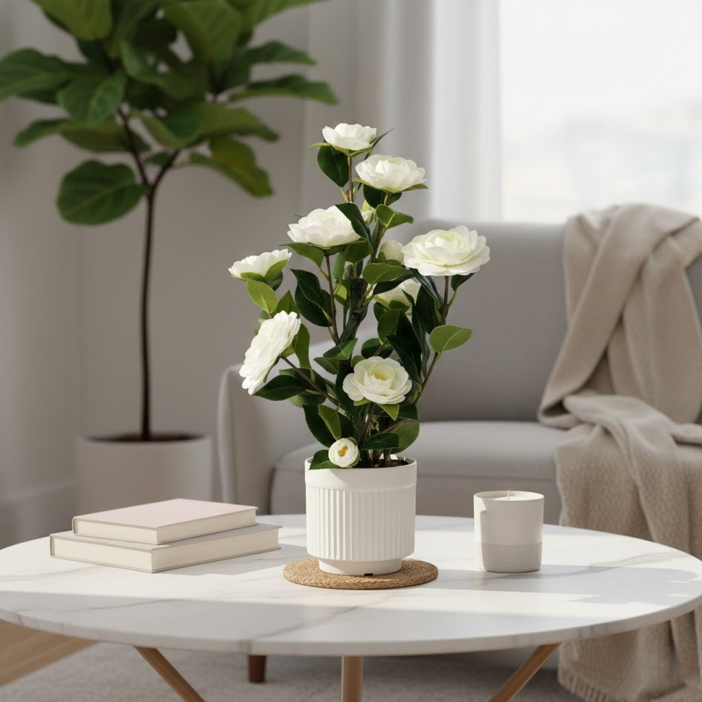 High-Quality Artificial Camellia Potted Plant for Office and Home Decoration