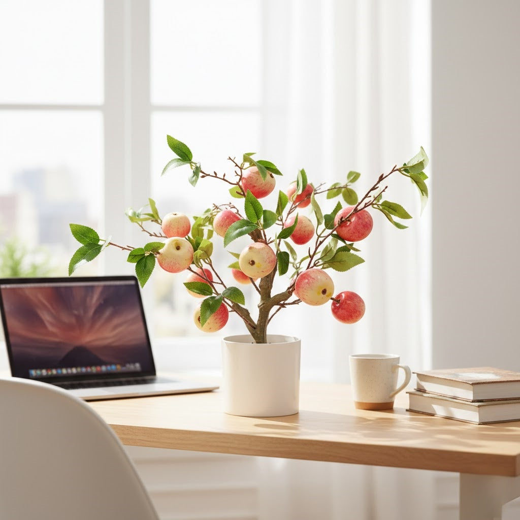 High-quality artificial apple tree potted plant for home decoration, artificial greenery in a pot.