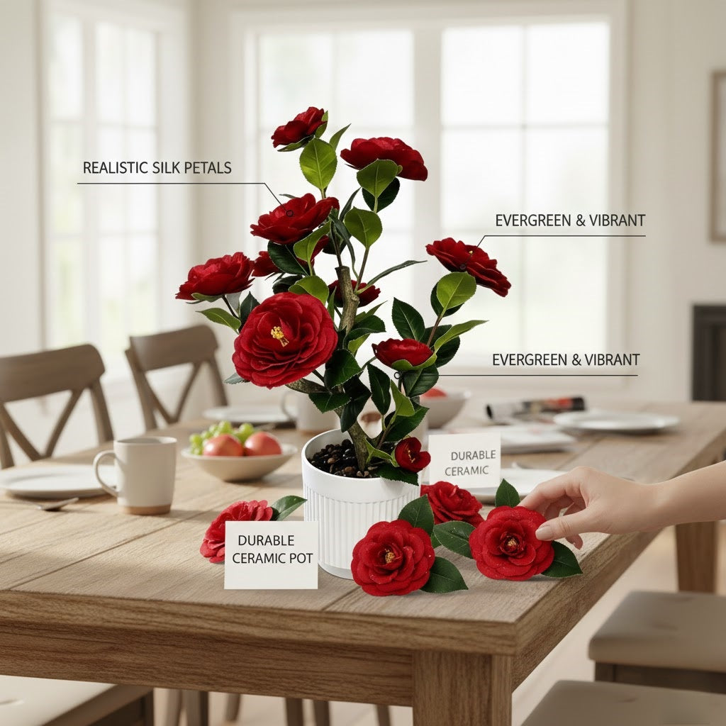 High-Quality Artificial Camellia Potted Plant for Office and Home Decoration