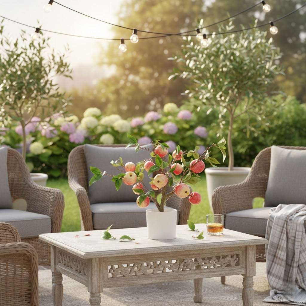 High-quality artificial apple tree potted plant for home decoration, artificial greenery in a pot.