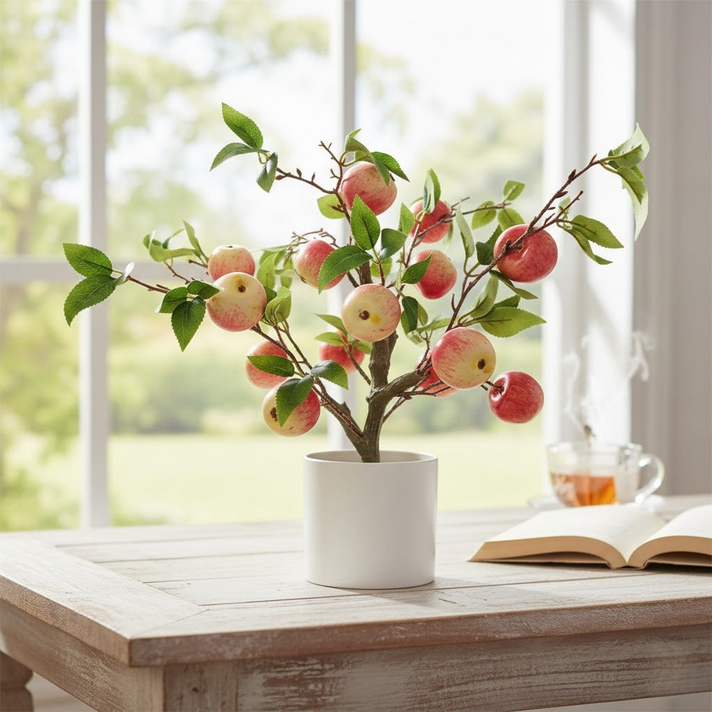 High-quality artificial apple tree potted plant for home decoration, artificial greenery in a pot.
