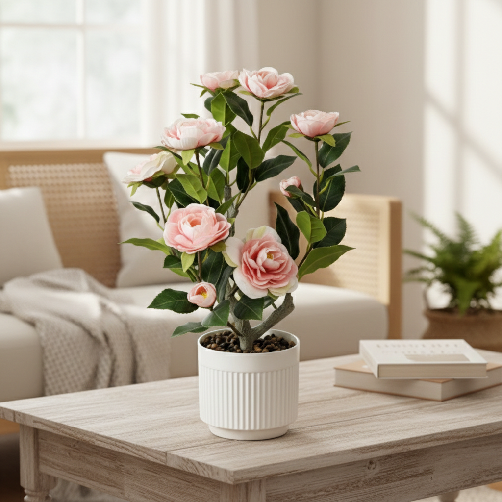 High-Quality Artificial Camellia Potted Plant for Office and Home Decoration