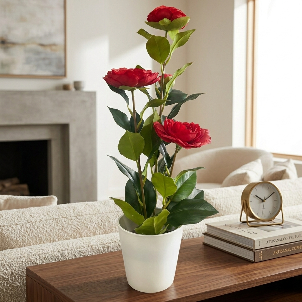 Artificial Camellia with Pot - Red, Pink, White, Blue, Purple, Yellow, Orange, with Pot