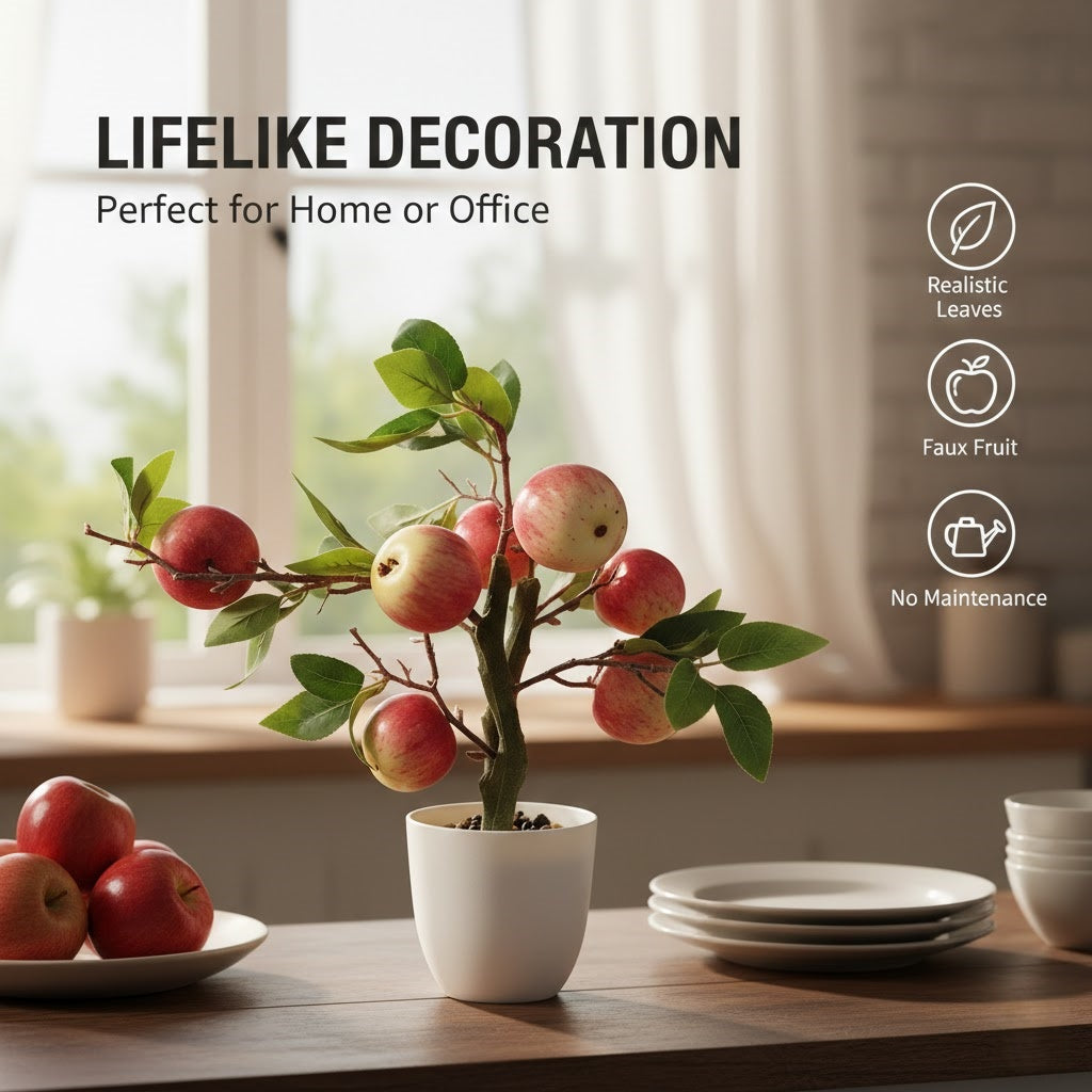 High-quality artificial apple tree potted plant for home decoration, artificial greenery in a pot.